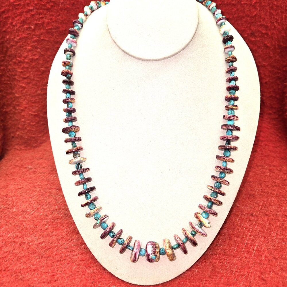 Natural Purple Spiny Oyster Shell with Turquoise Necklace
